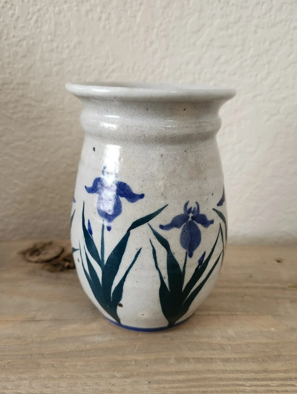 Vintage Studio Pottery Blue Iris Hand  Painted Stoneware Vase